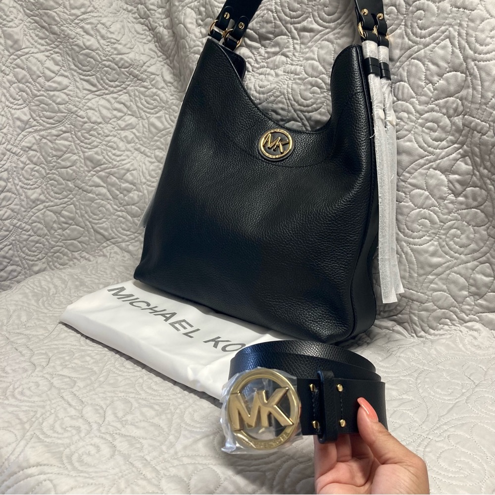 NWT Michael Kors Black Leather Bundle BOWERY SMALL HOBO BAG + BELT